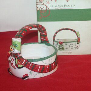 Fitz and Floyd 2013 Ceramic Christmas Basket w/Snowman B-230
